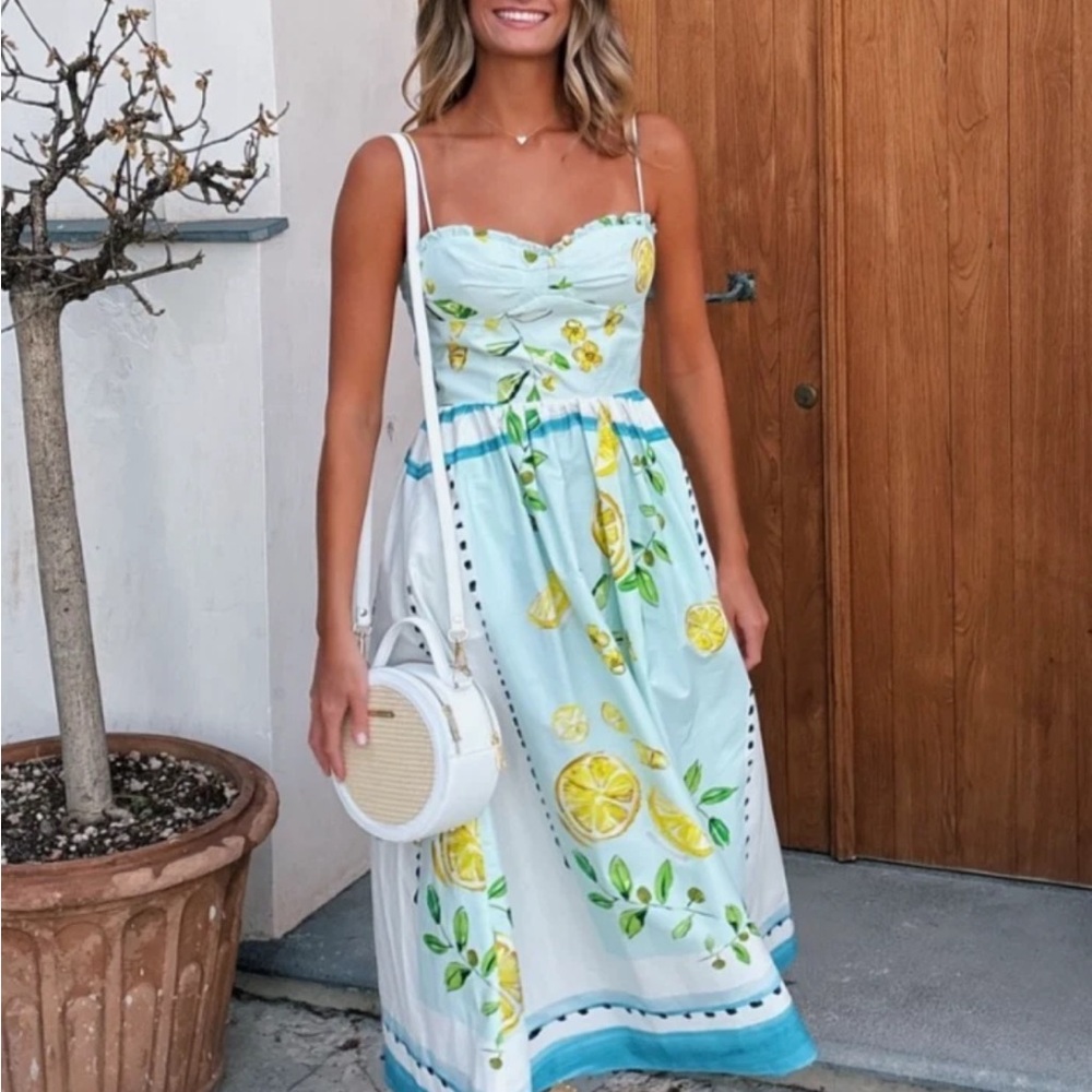 Lemon Print Poplin Spaghetti Strap Dress - Picture 1 of 5